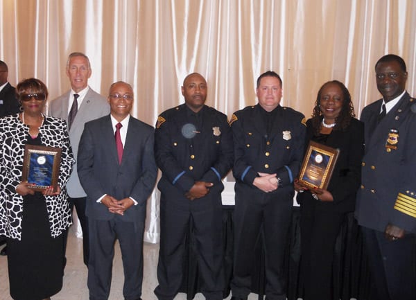 The Cleveland Police Foundation 4th District Award winners proudly display their plaques. L to R:  Elaine Gohlstin, Safety Director Michael McGrath, CPF President Thomas Stone, PO Carl Perkins, Det. Kevin Callahan, Debra Lewis-Curlee, and Chief Calvin Williams.