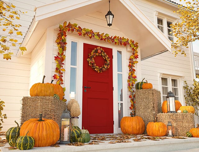 Porch decorated for Thanksgiving