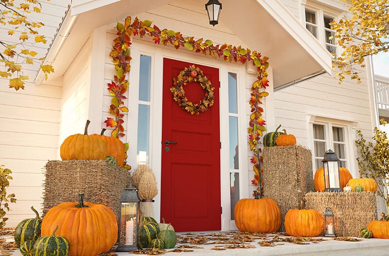 Porch decorated for Thanksgiving