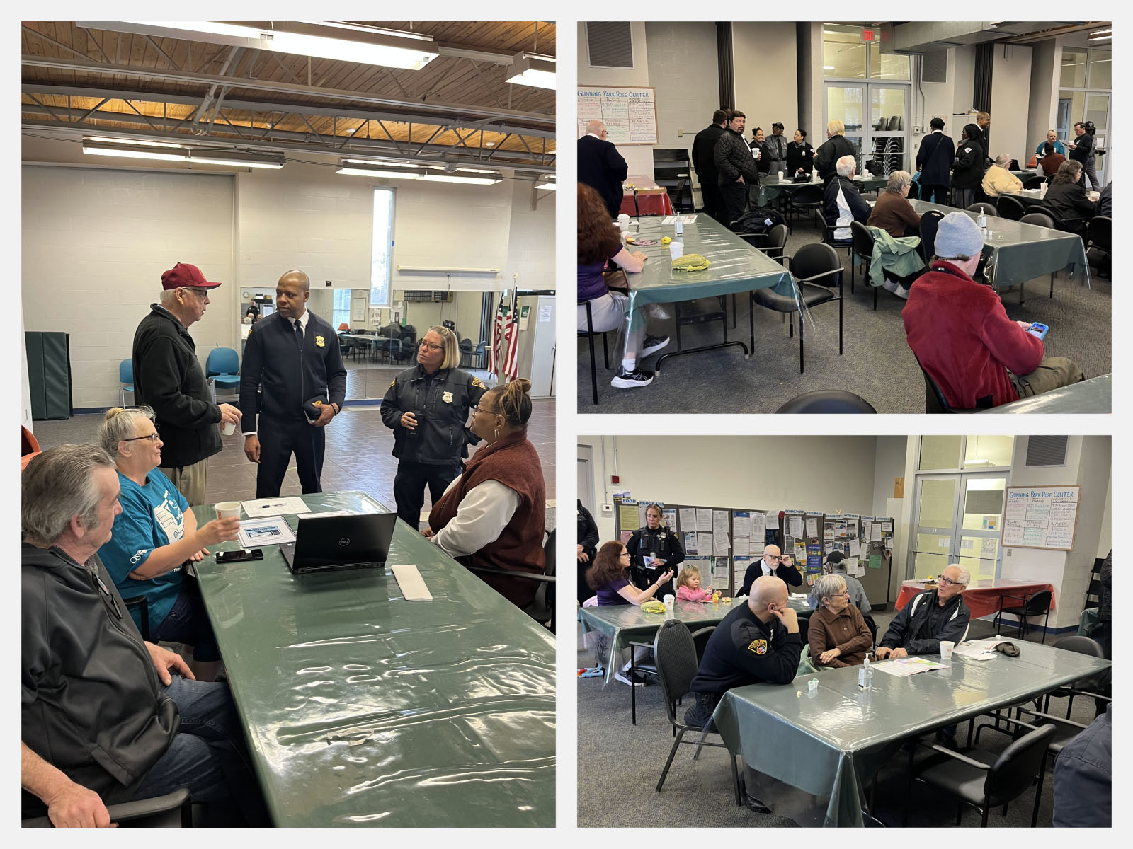 Cleveland First District officers engage with community members over coffee and donuts during a Coffee with a Cop event at Gunning Recreation Center in the West Park neighborhood. Multiple tables are set up as officers and residents talk in small groups.