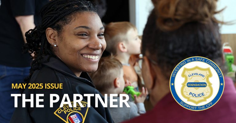 Header image for the May 2025 issue of The Partner newsletter, showing a Cleveland Police officer smiling during a Coffee with a Cop event, with the CPF badge and title text overlaid.