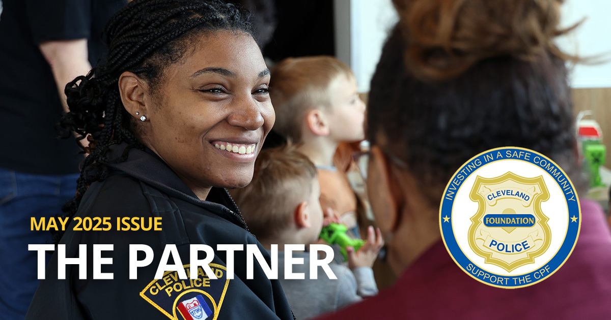 Header image for the May 2025 issue of The Partner newsletter, showing a Cleveland Police officer smiling during a Coffee with a Cop event, with the CPF badge and title text overlaid.