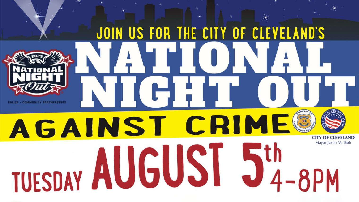 Promotional banner for Cleveland’s 2025 National Night Out Against Crime on August 5, organized by the Bureau of Community Policing and the City of Cleveland