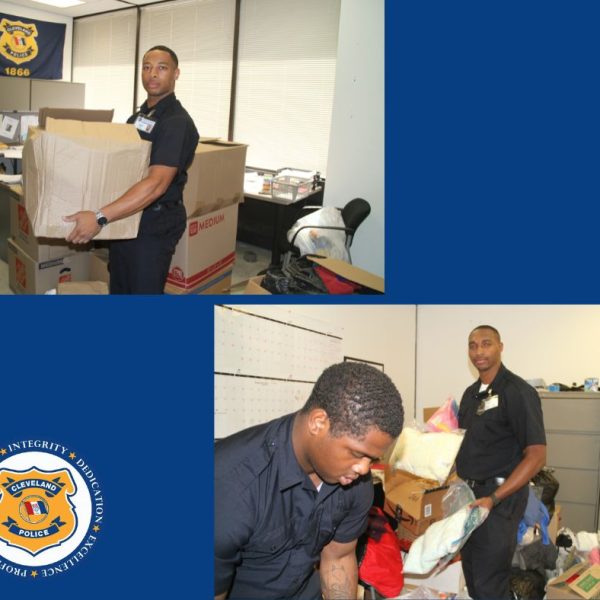 Police recruits sort through donations indoors, lifting boxes and bags of clothing and supplies collected for Rainbow Terrace families.