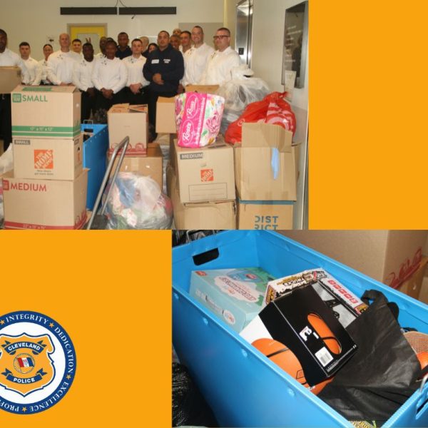 Police recruits stand behind stacks of boxes and bags of donated food, clothing, and toys, with a close-up of toys and supplies packed into a blue bin.