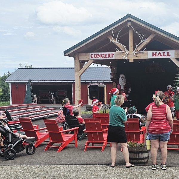 Families gathered at Santa’s Hideaway Hollow outdoor concert hall, where Santa and elves greet children.