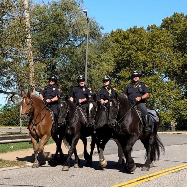 Four Cleveland Police Mounted Unit officers riding in formation on a sunny day.