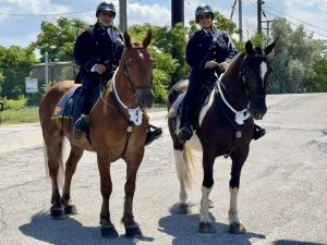 Officer Janusczak and a fellow officer smiling while mounted on horses outdoors.
