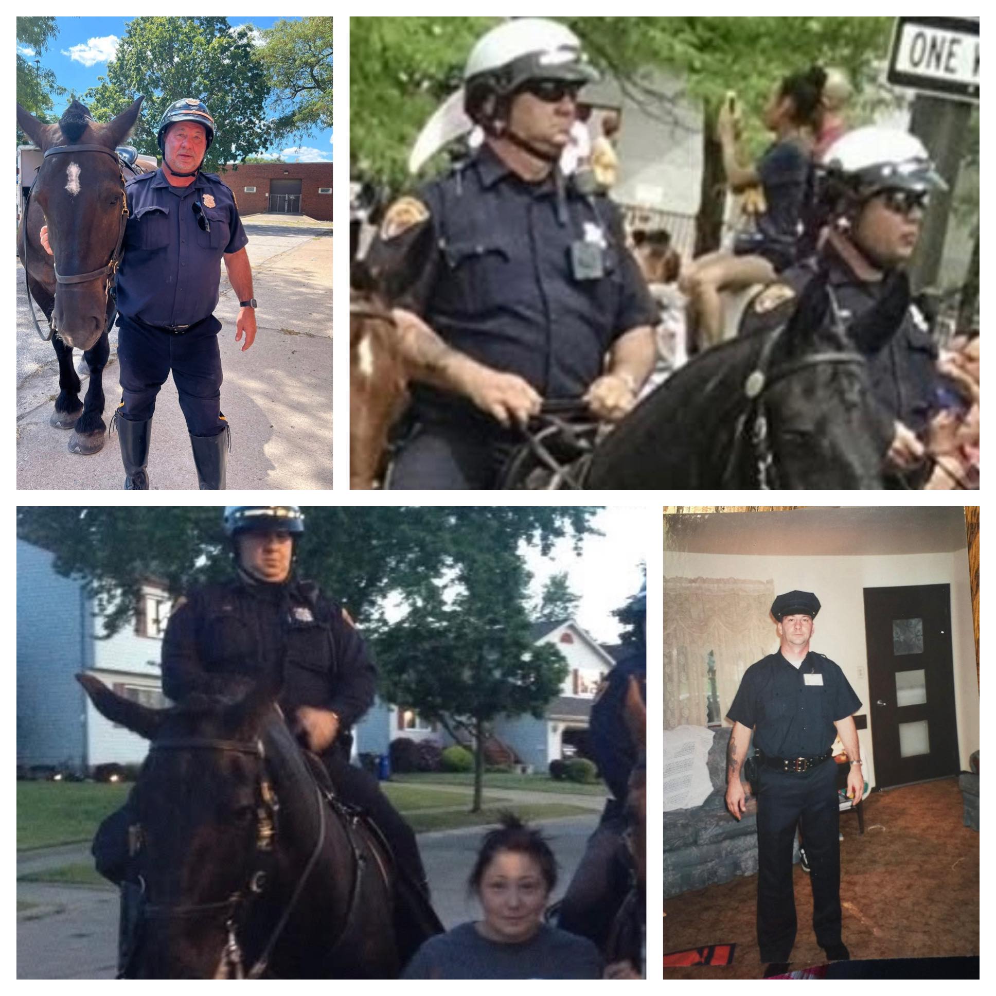 Officer George Janusczak Retirement Collage Collage of Officer George Janusczak during his career with the Cleveland Police Mounted Unit, including photos of him standing beside his horse, riding in a parade, on horseback in a neighborhood, and posing in uniform indoors.