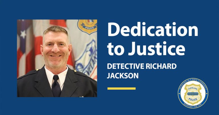 Banner showing Detective Richard Jackson, Cleveland Police Foundation Police Officer of the Month for September 2025, with text reading “Dedication to Justice.”