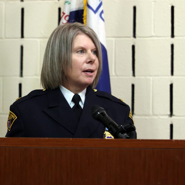 Chief Dorothy Todd speaking at the podium during the Third District Community Awards Ceremony at Fatima Family Center.
