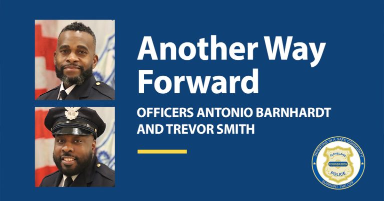 Portraits of Officers Antonio Barnhardt and Trevor Smith, recognized as Police Officers of the Month, alongside the tagline “Another Way Forward.”