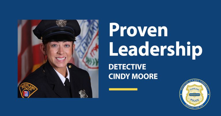 Police Officer of the Month graphic for Detective Cindy Moore with portrait and “Proven Leadership” headline.
